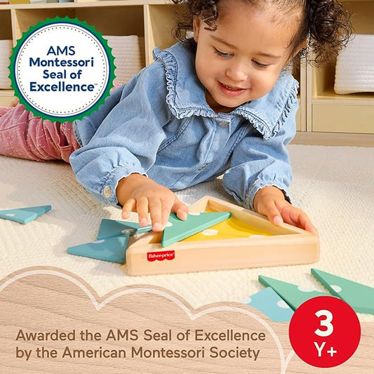 Fisher-Price Wood Montessori Toy Triangle Puzzle, American Montessori Society Seal of Excellence, 10-Piece Wooden Learning Activity & Expert Play Tips for Kids Ages 3+ Years