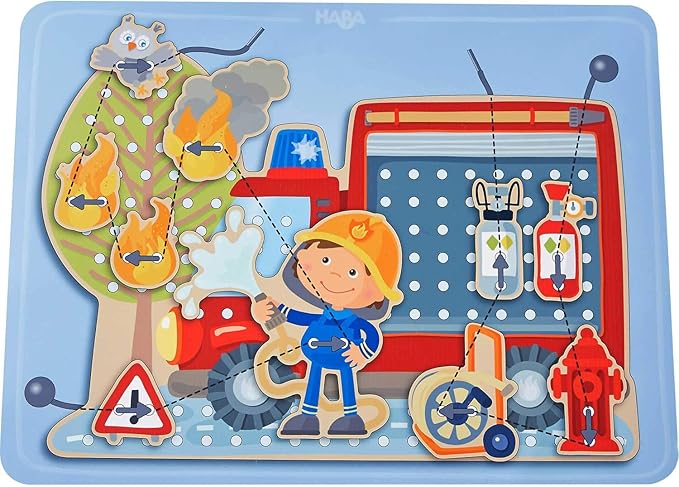 HABA Fire Engine Rescue Themed Lacing Toy Set for Preschool Learning, Fine Motor Skills Development Game with 38 Threading Tiles and 2 Template Cards, Kids Educational Toy Ages 3-5