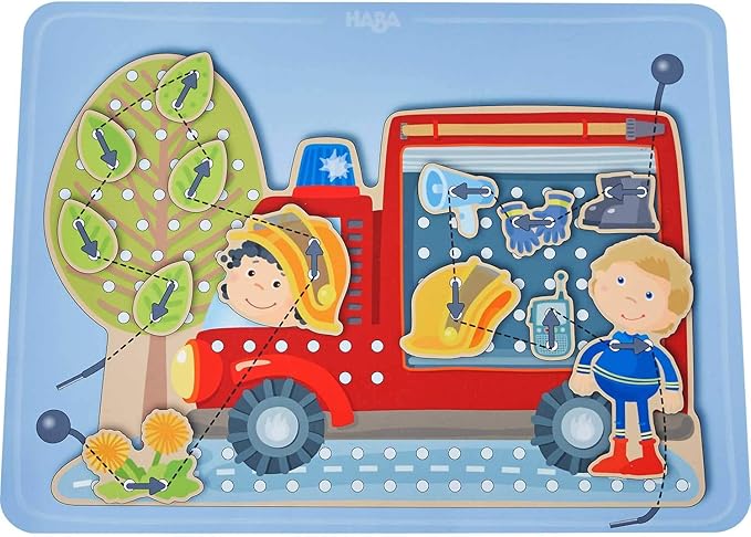 HABA Fire Engine Rescue Themed Lacing Toy Set for Preschool Learning, Fine Motor Skills Development Game with 38 Threading Tiles and 2 Template Cards, Kids Educational Toy Ages 3-5