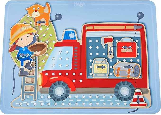 HABA Fire Engine Rescue Themed Lacing Toy Set for Preschool Learning, Fine Motor Skills Development Game with 38 Threading Tiles and 2 Template Cards, Kids Educational Toy Ages 3-5