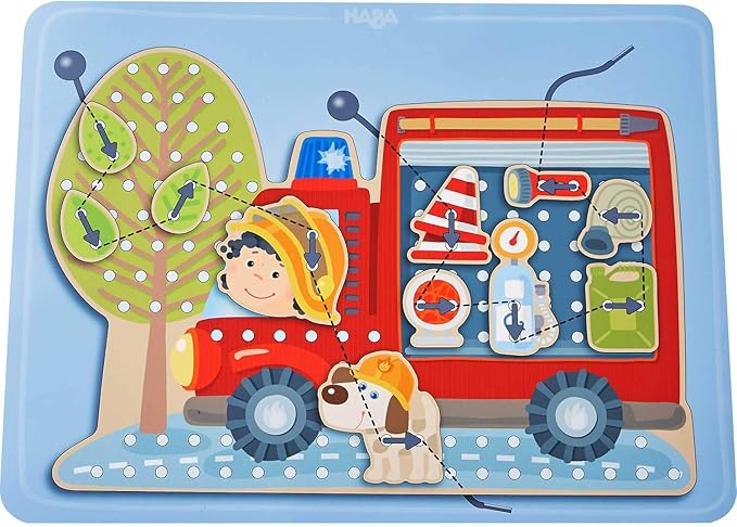 HABA Fire Engine Rescue Themed Lacing Toy Set for Preschool Learning, Fine Motor Skills Development Game with 38 Threading Tiles and 2 Template Cards, Kids Educational Toy Ages 3-5