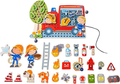 HABA Fire Engine Rescue Themed Lacing Toy Set for Preschool Learning, Fine Motor Skills Development Game with 38 Threading Tiles and 2 Template Cards, Kids Educational Toy Ages 3-5