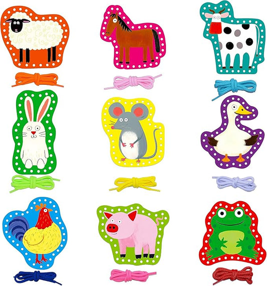 SpriteGru 9 Pieces Kids Lacing Cards, Double Sided Sewing Cards in 9 Farm Themed Cards with 9 Colorful Laces, Imagination Development Lacing Toys Games for Children Educational and Learning Activity