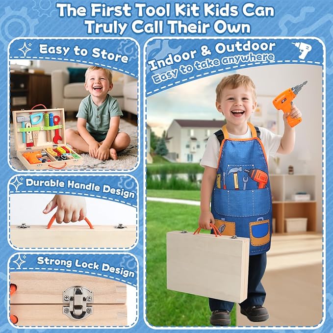 Kids Tool Set with Drill, Educational Montessori Toys for 3 Year Old Boys 44 Pcs STEM Kids Toys Wooden Toddler Tool Set with Apron & Box Birthday Gifts for 3 4 5 Year Old Boy Girl