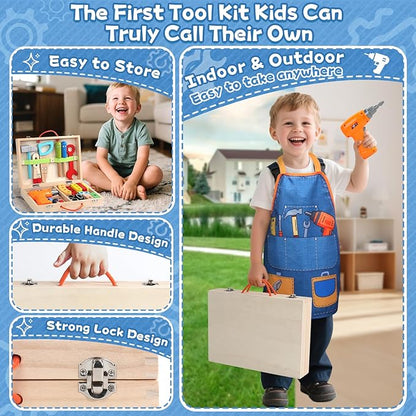Kids Tool Set with Drill, Educational Montessori Toys for 3 Year Old Boys 44 Pcs STEM Kids Toys Wooden Toddler Tool Set with Apron & Box Birthday Gifts for 3 4 5 Year Old Boy Girl
