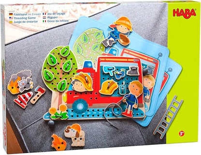 HABA Fire Engine Rescue Themed Lacing Toy Set for Preschool Learning, Fine Motor Skills Development Game with 38 Threading Tiles and 2 Template Cards, Kids Educational Toy Ages 3-5