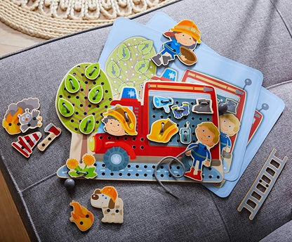 HABA Fire Engine Rescue Themed Lacing Toy Set for Preschool Learning, Fine Motor Skills Development Game with 38 Threading Tiles and 2 Template Cards, Kids Educational Toy Ages 3-5
