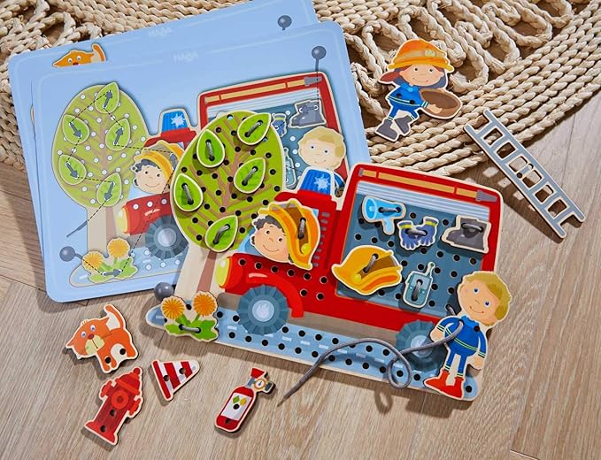 HABA Fire Engine Rescue Themed Lacing Toy Set for Preschool Learning, Fine Motor Skills Development Game with 38 Threading Tiles and 2 Template Cards, Kids Educational Toy Ages 3-5