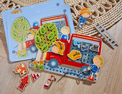 HABA Fire Engine Rescue Themed Lacing Toy Set for Preschool Learning, Fine Motor Skills Development Game with 38 Threading Tiles and 2 Template Cards, Kids Educational Toy Ages 3-5