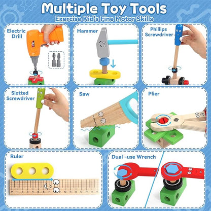 Kids Tool Set with Drill, Educational Montessori Toys for 3 Year Old Boys 44 Pcs STEM Kids Toys Wooden Toddler Tool Set with Apron & Box Birthday Gifts for 3 4 5 Year Old Boy Girl