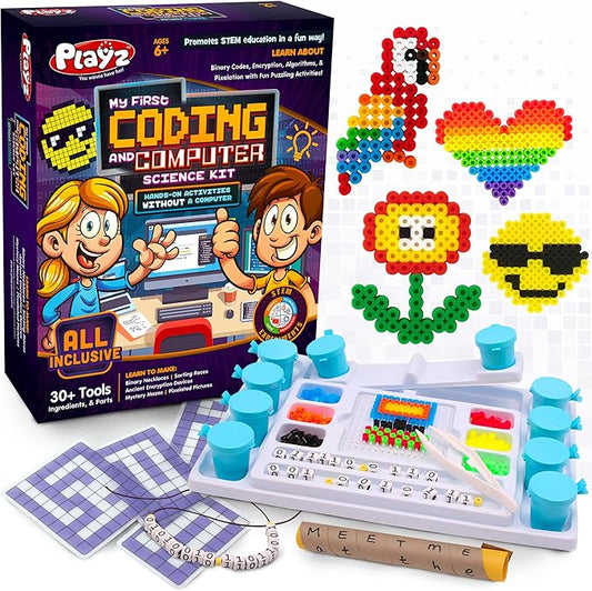 Playz My First Coding & Computer Science Kit - Learn About Binary Codes, Encryption, Algorithms & Pixelation Through Fun Puzzling Activities Without Using a Computer for Boys, Girls, Teenagers, Kids